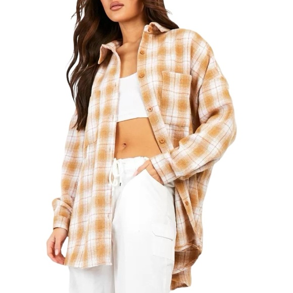 Boohoo Oversized Flannel Shirt Womens Size 6 Small Gold White Pockets Tunic - Picture 1 of 11